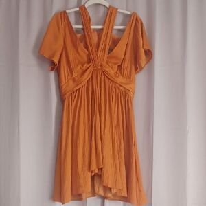 Anthropologie Deep V-Neck Vibrant Mini Dress Cut Out Strap Detail Flutter Sleeve